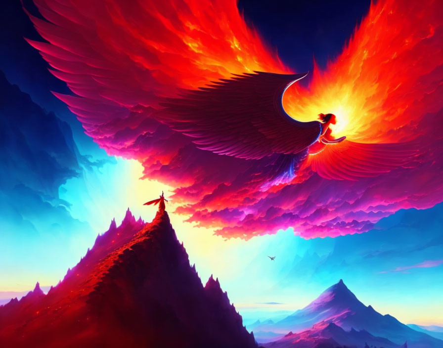 Mythical phoenix with red and orange plumage soaring above person on mountain.