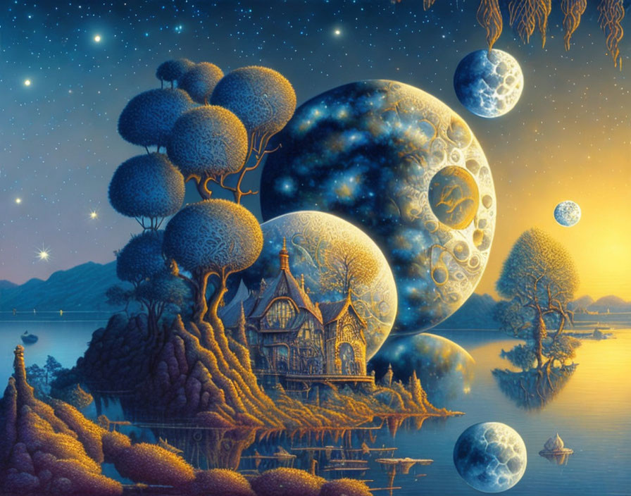 Fantastical Landscape with Oversized Moons, Surreal Trees, Cottage, and Lake