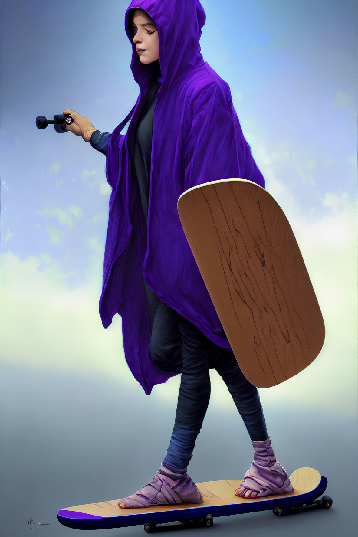 Person in Purple Hooded Cloak on Skateboard with Futuristic Weapon and Wooden Shield