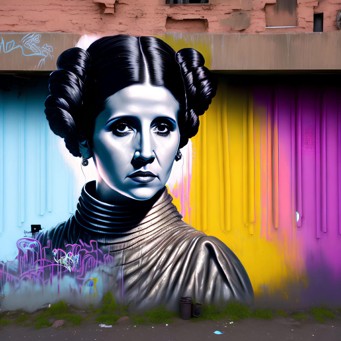 Graffiti portrait of woman with hair buns on vibrant paint background