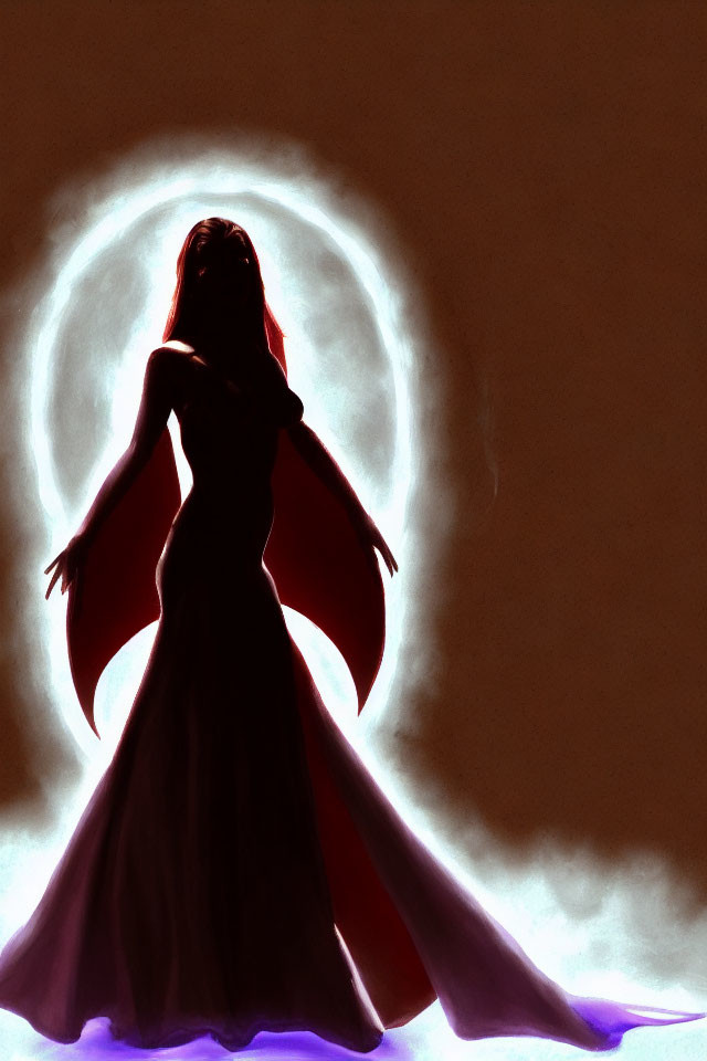 Silhouetted Woman Against Glowing Crescent in Flowing Dress