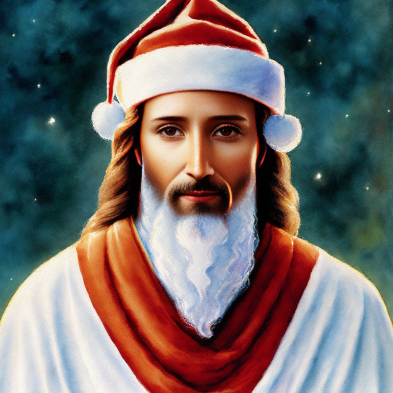 Digital artwork: Jesus Christ features with Santa hat in serene expression