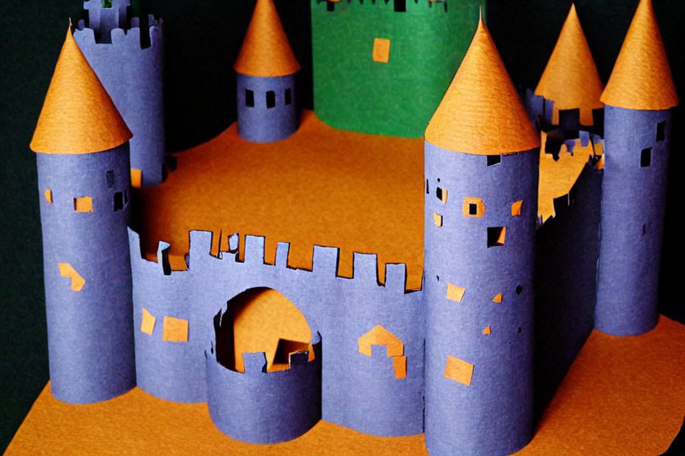 Colorful Fairytale Castle Paper Craft Model with Purple Towers and Orange Rooftops