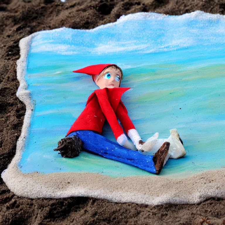 Toy Elf with Red Hat and Coat on Beach Towel with Bandage