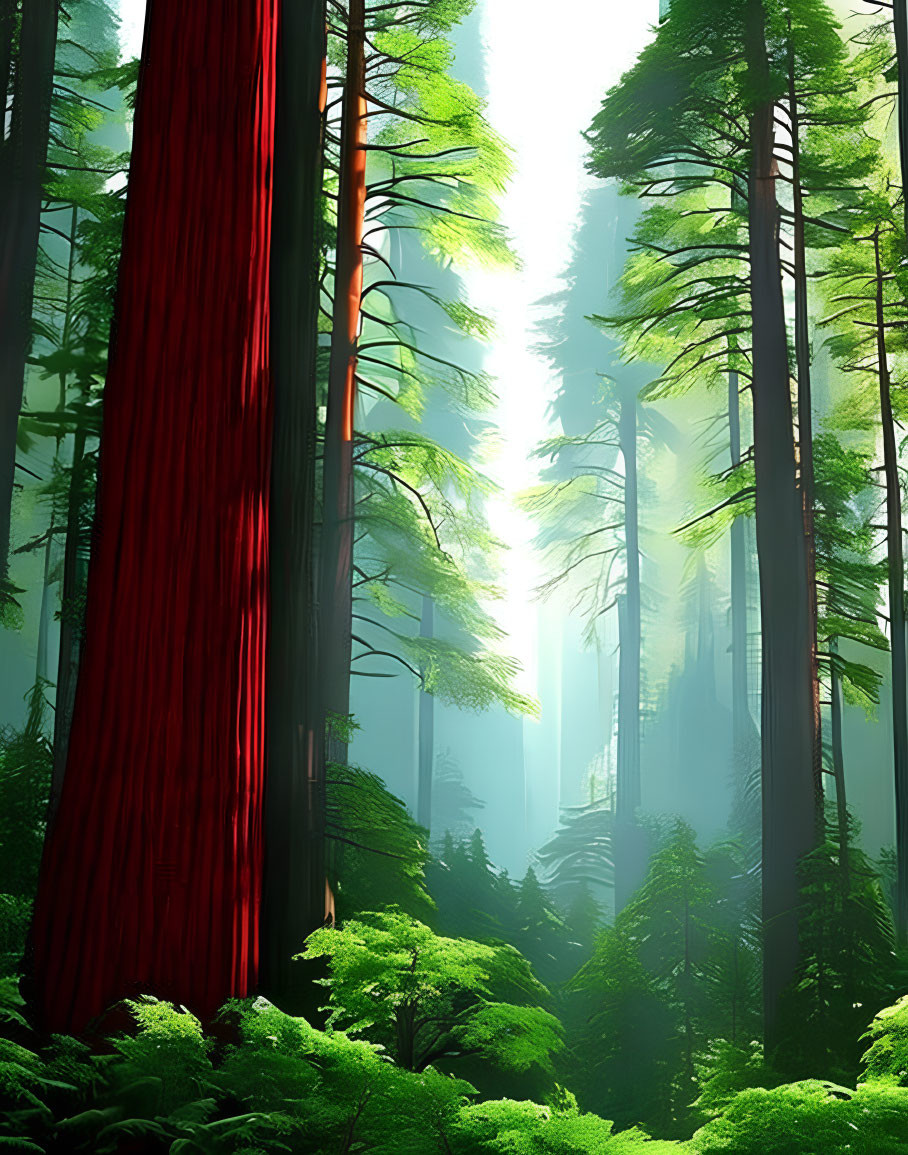 Majestic forest with tall trees, sunlight, and green foliage