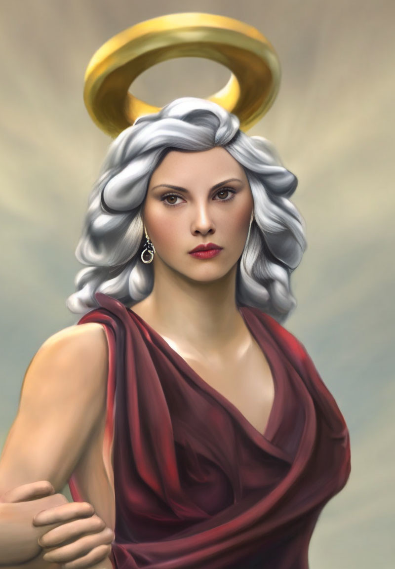 Woman with Halo and Grey Hair in Burgundy Garment Illustration