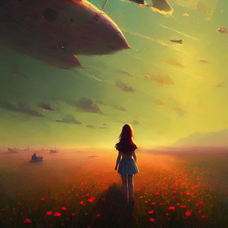 Girl in poppy field at sunset with floating ships in sky.