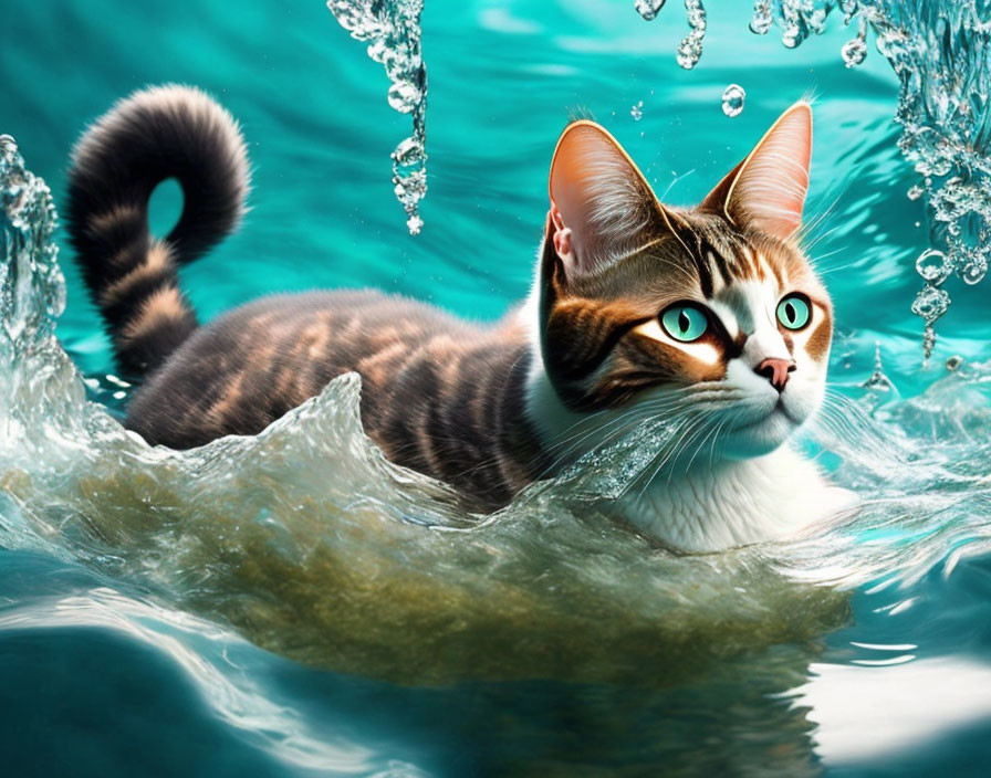 Digitally altered image: Cat with oversized green eyes swimming in blue water