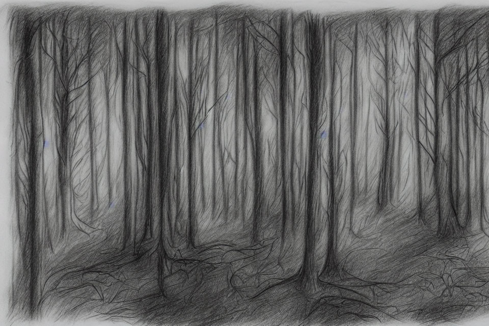 Detailed monochrome pencil sketch of dense forest scene.