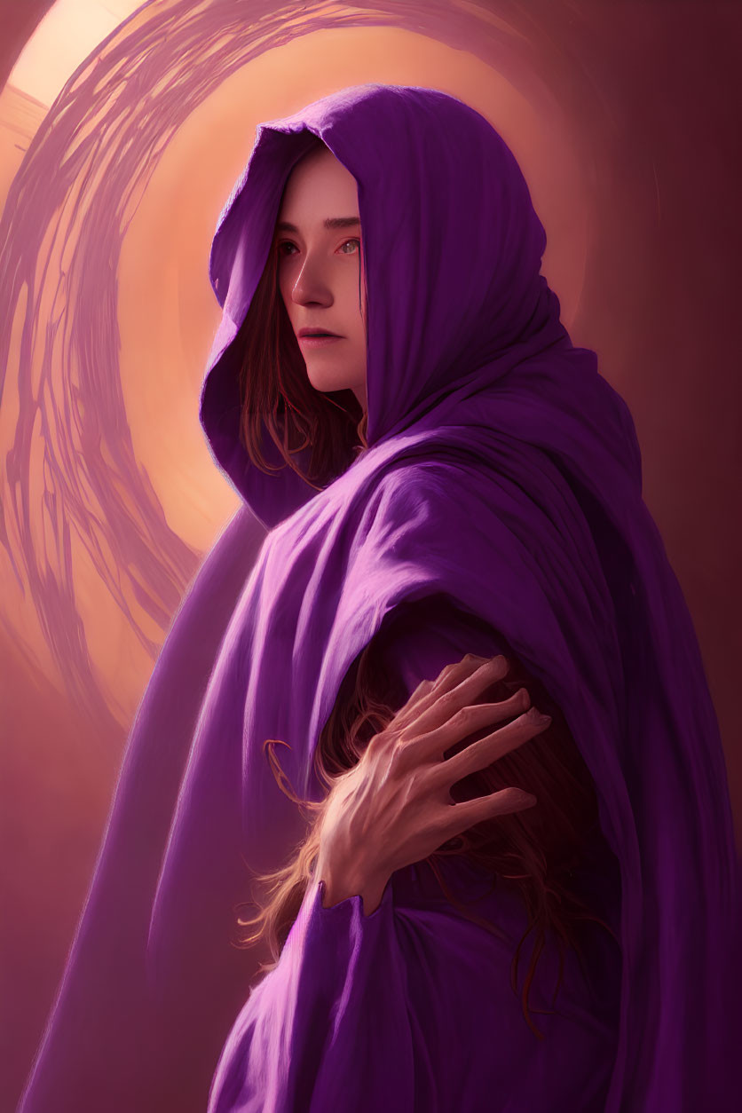 Person in Purple Cloak Gazing Intently with Warm Light Background