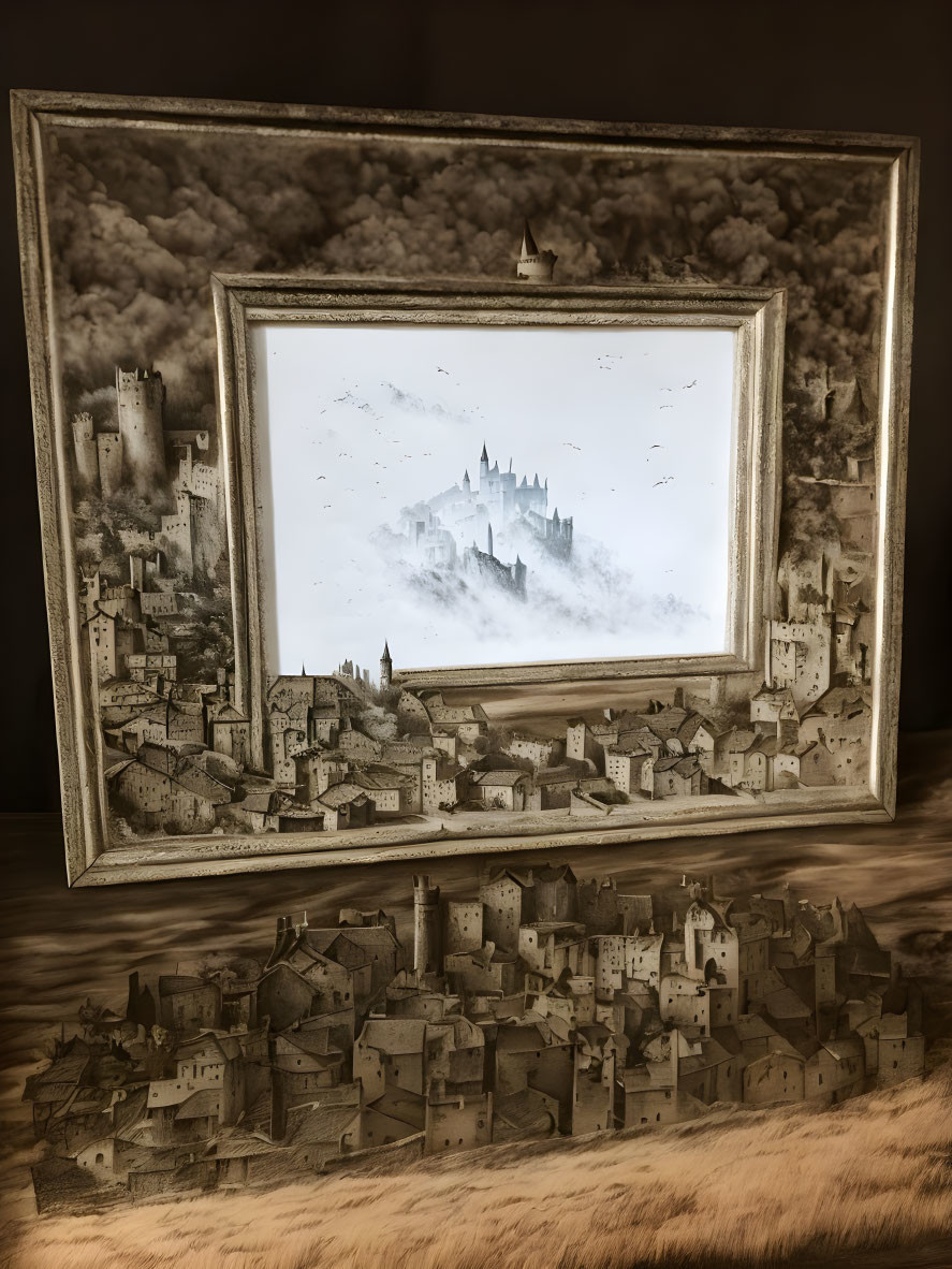 Monochromatic 3D framed artwork of medieval cityscape