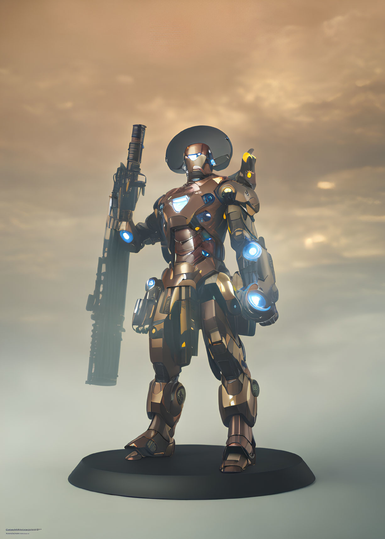 Futuristic armored figure with large weapon in soft, light cloudy backdrop