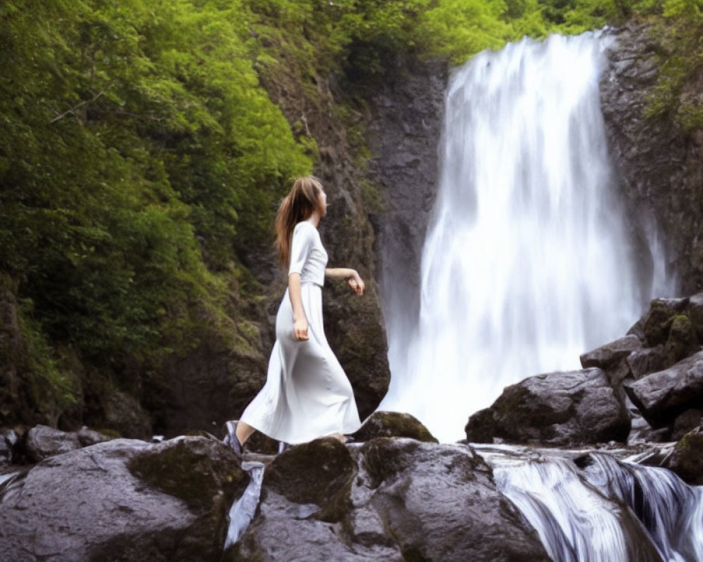 Person in White Dress Standing on Rocks by Cascading Waterfall