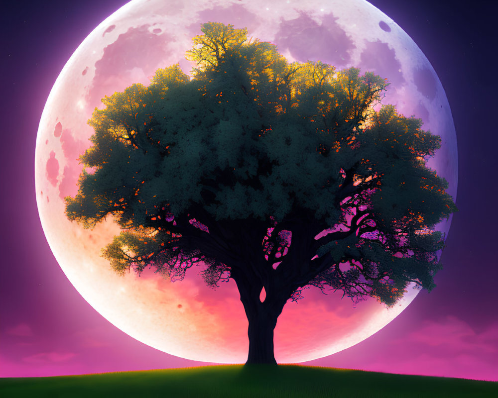 Solitary tree silhouette against vivid purple moon in dusk sky