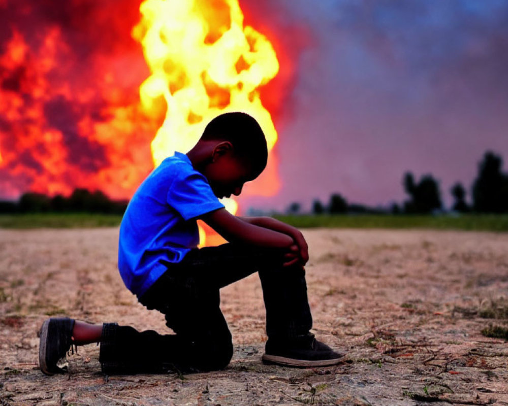 Child sitting on parched ground with large fire in dusky sky