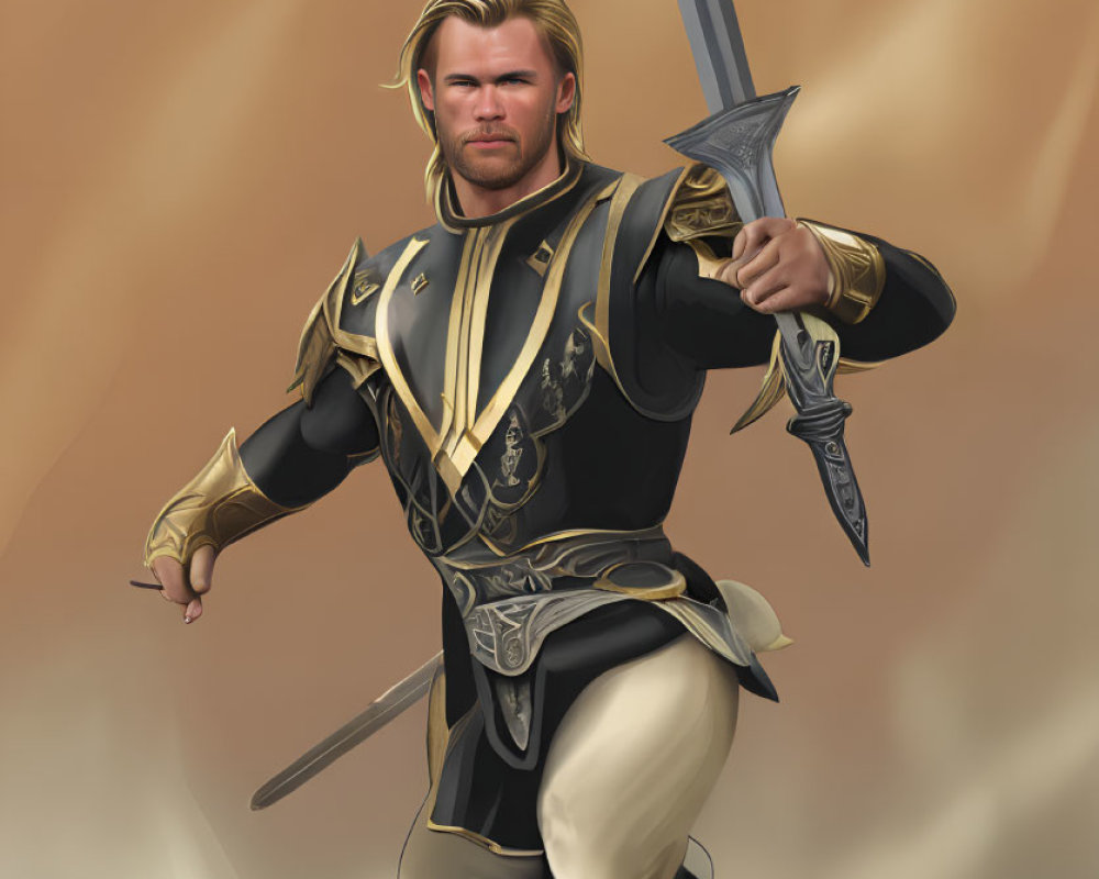 Fantasy knight with blond hair in black and gold armor on brown background