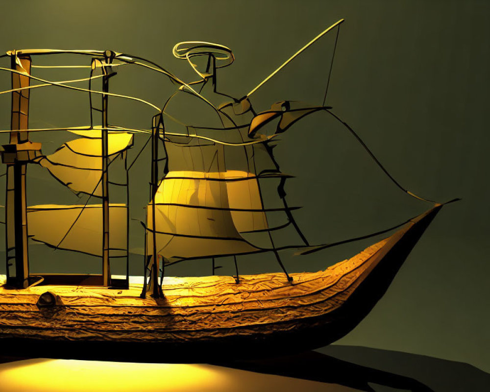 Golden vintage ship model in 3D with intricate details on dark olive background