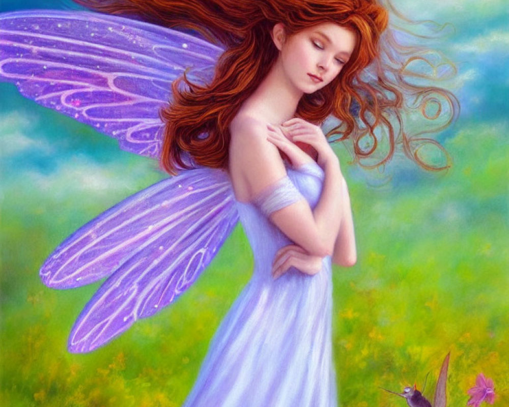 Red-Haired Fairy with Purple Wings in Wistful Pose in Green Meadow