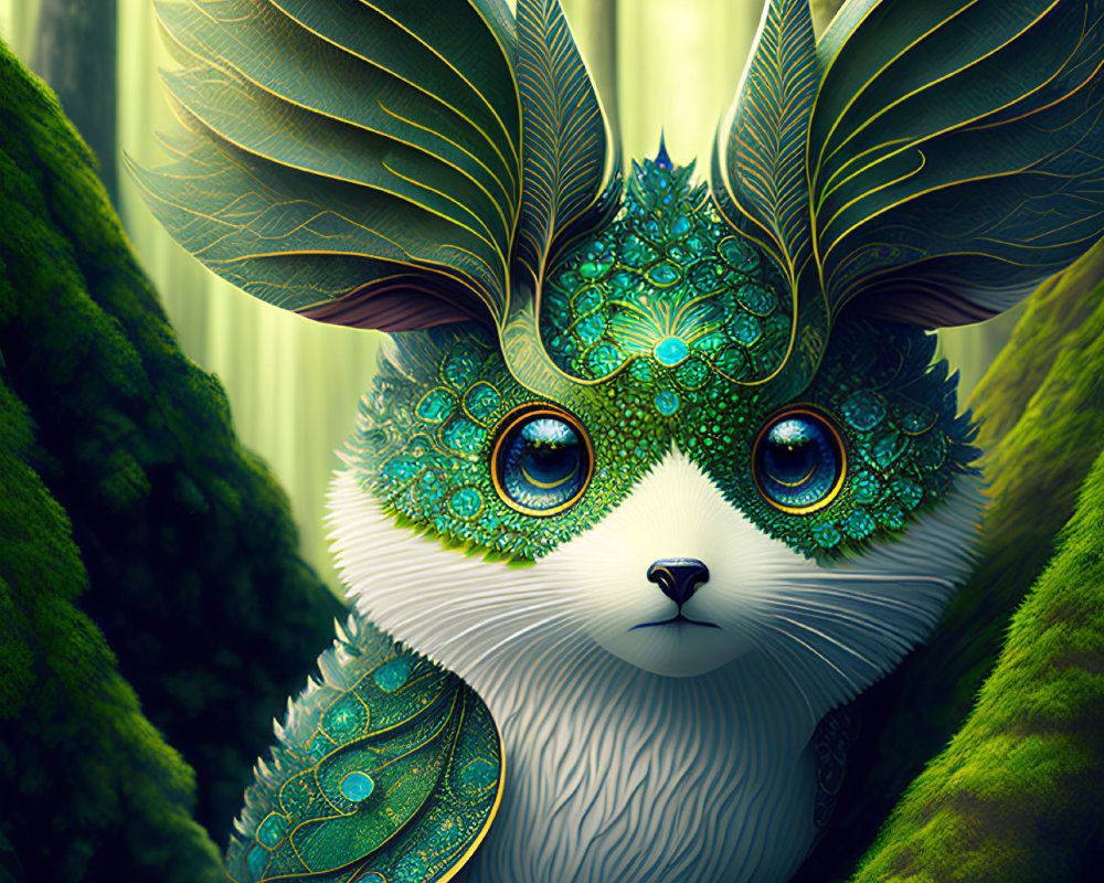 Fantastical creature with ornate ears and luminous eyes in vibrant forest