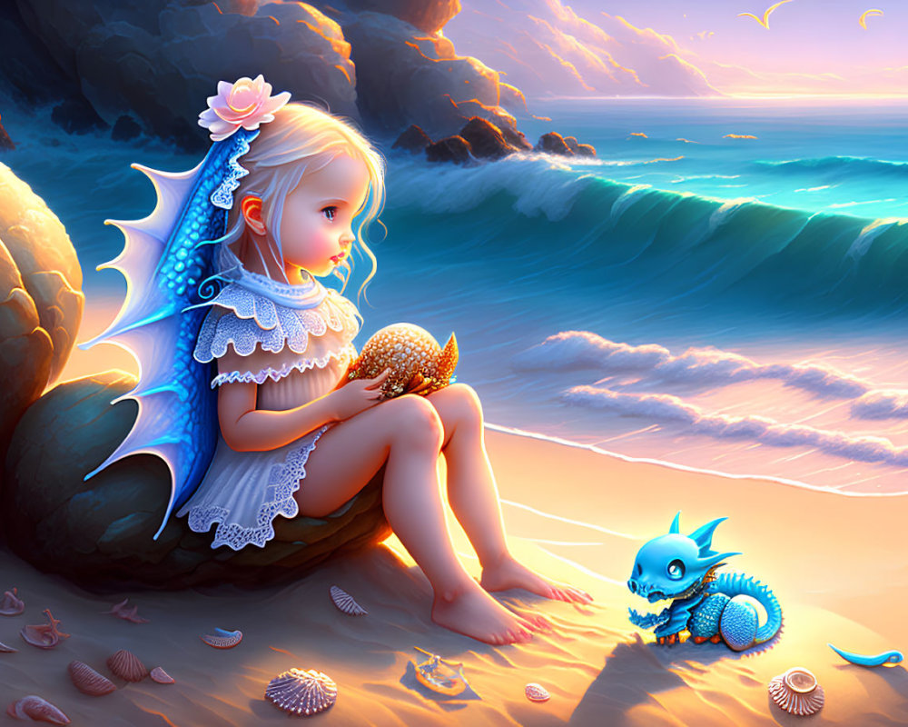 Young girl with dragon wings by the sea at sunset holding a starfish, with a blue dragon-like