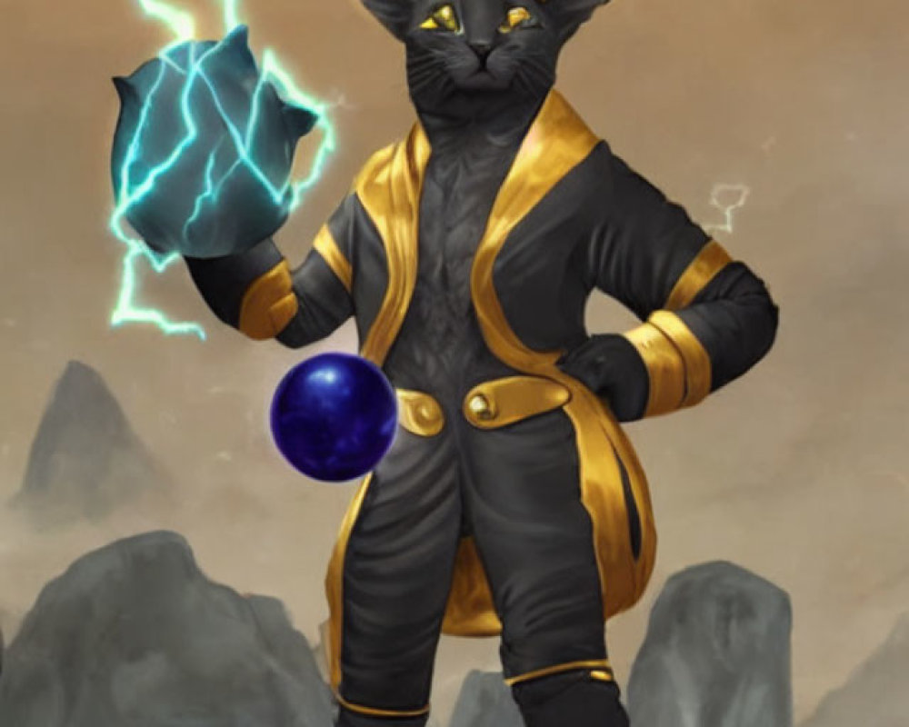 Cat in top hat and jacket with blue orb and lightning, mountains background