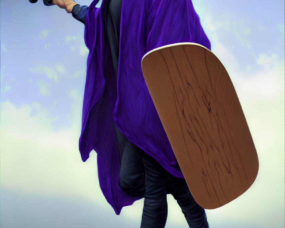 Person in Purple Hooded Cloak on Skateboard with Futuristic Weapon and Wooden Shield