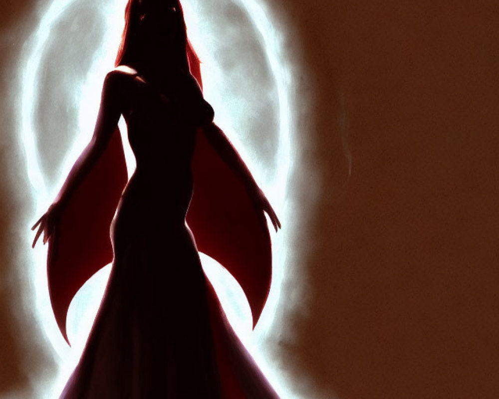 Silhouetted Woman Against Glowing Crescent in Flowing Dress