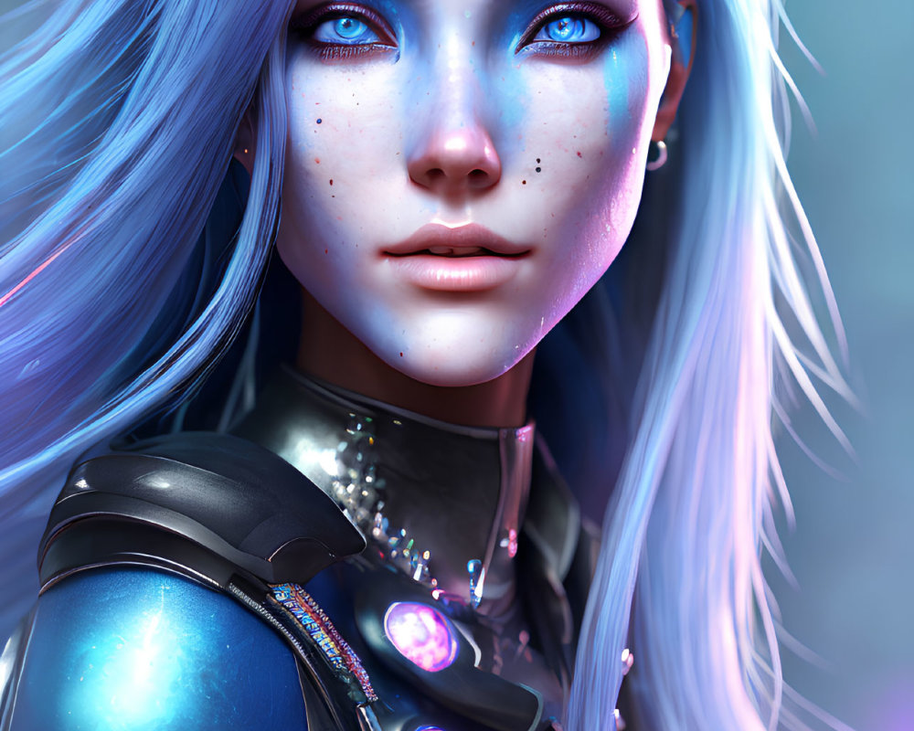 Digital artwork of woman with blue eyes, white hair, and futuristic armor