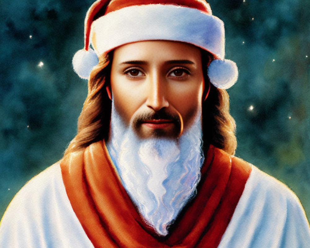 Digital artwork: Jesus Christ features with Santa hat in serene expression