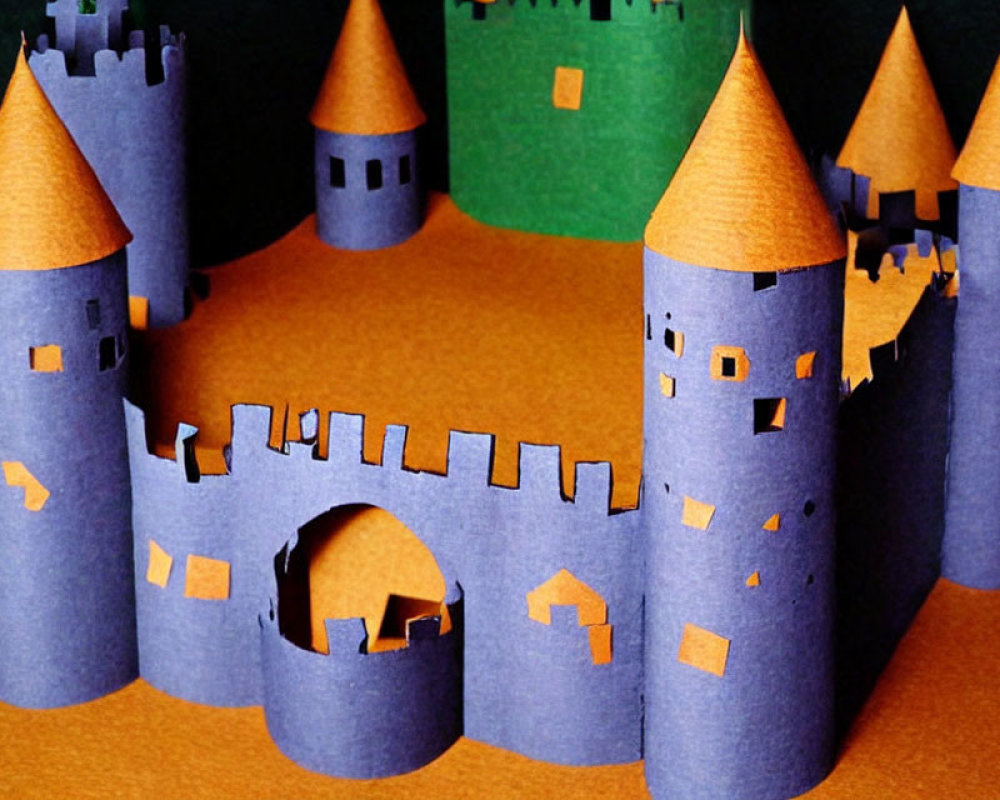 Colorful Fairytale Castle Paper Craft Model with Purple Towers and Orange Rooftops