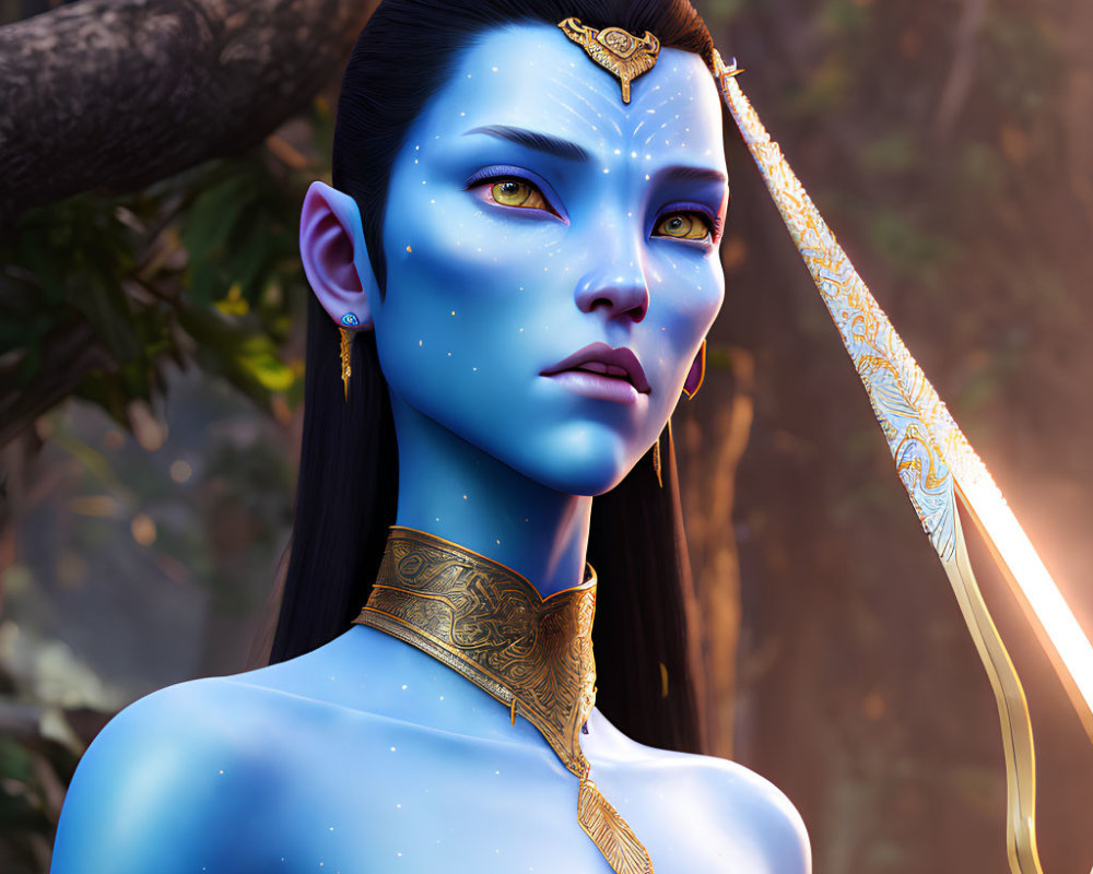 Blue-skinned mystical female character with star-like freckles in forest