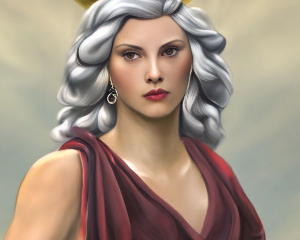 Woman with Halo and Grey Hair in Burgundy Garment Illustration