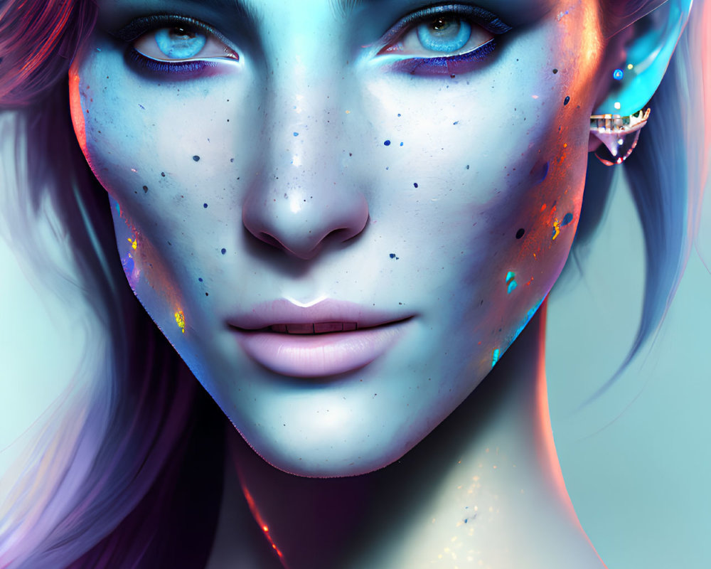 Colorful digital portrait featuring blue and pink tones, freckles, and blue eyes.