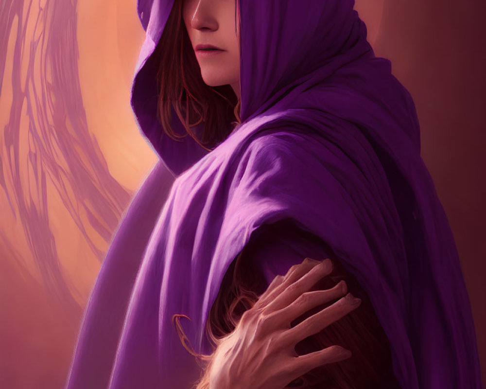 Person in Purple Cloak Gazing Intently with Warm Light Background