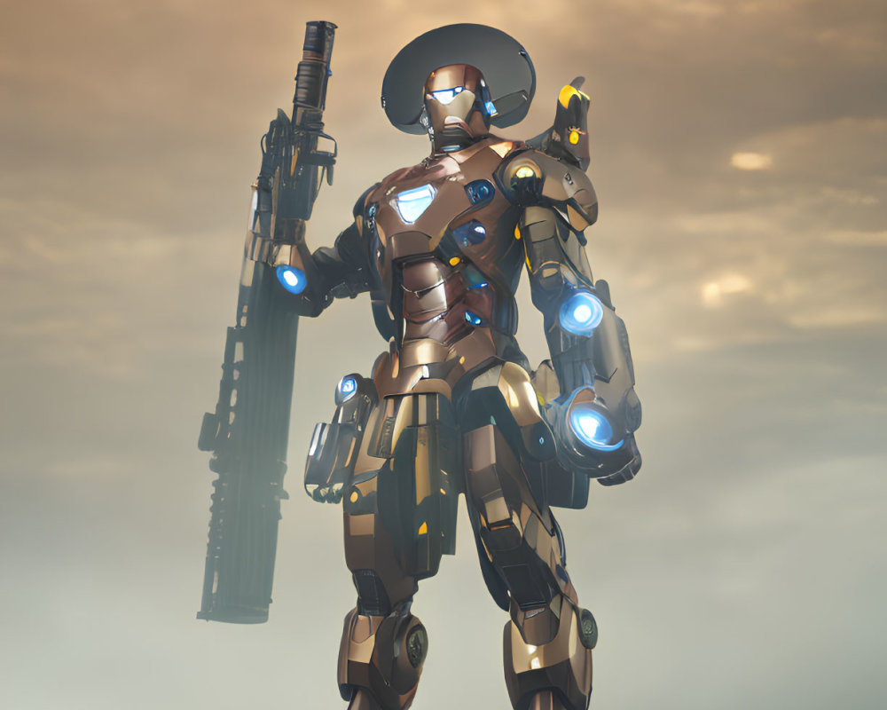 Futuristic armored figure with large weapon in soft, light cloudy backdrop