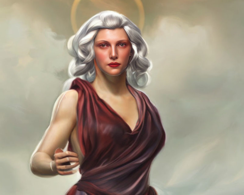 Illustration of woman with white hair and halo in maroon gown against cloudy backdrop