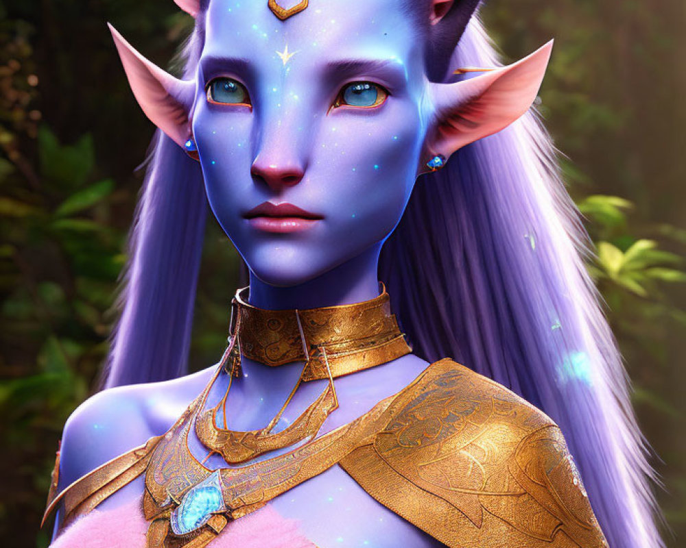 Blue-skinned fantasy elf in golden armor with glowing facial markings in forest setting