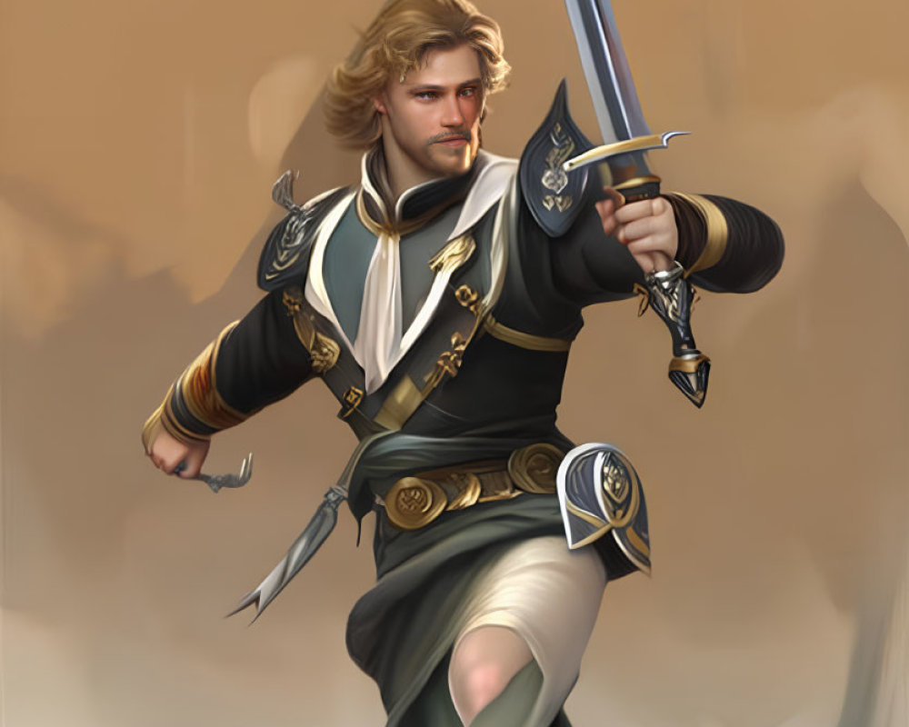 Heroic figure with long blonde hair wields sword in black and gold outfit