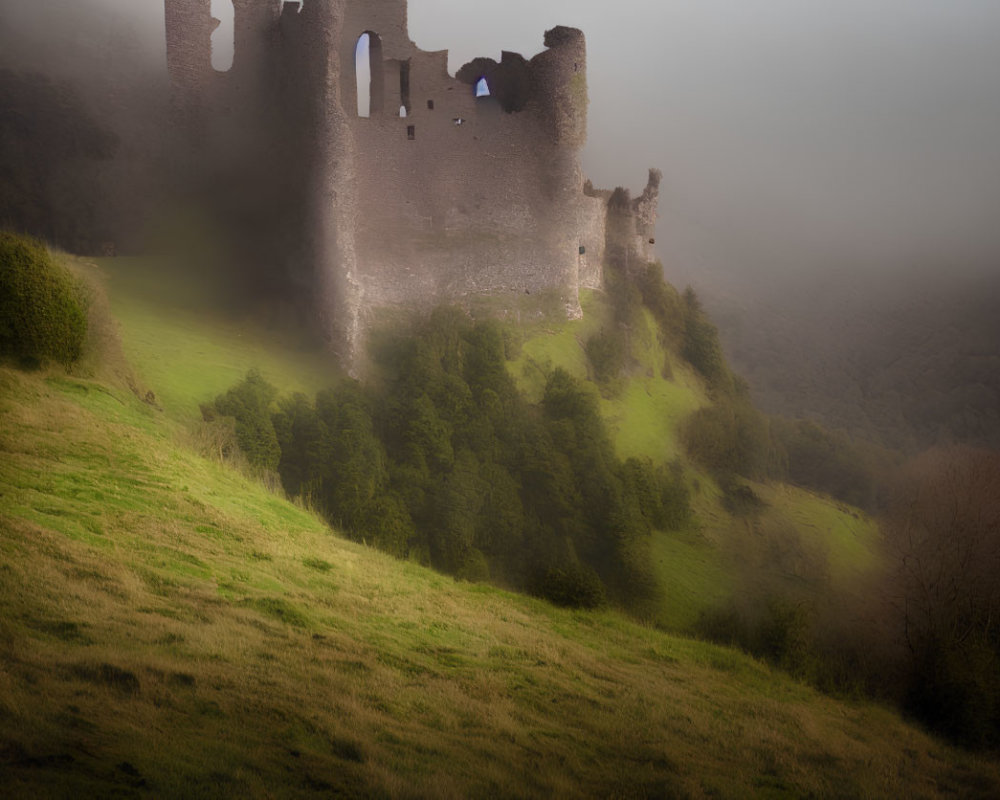 Ancient castle ruins in mist with green hills.