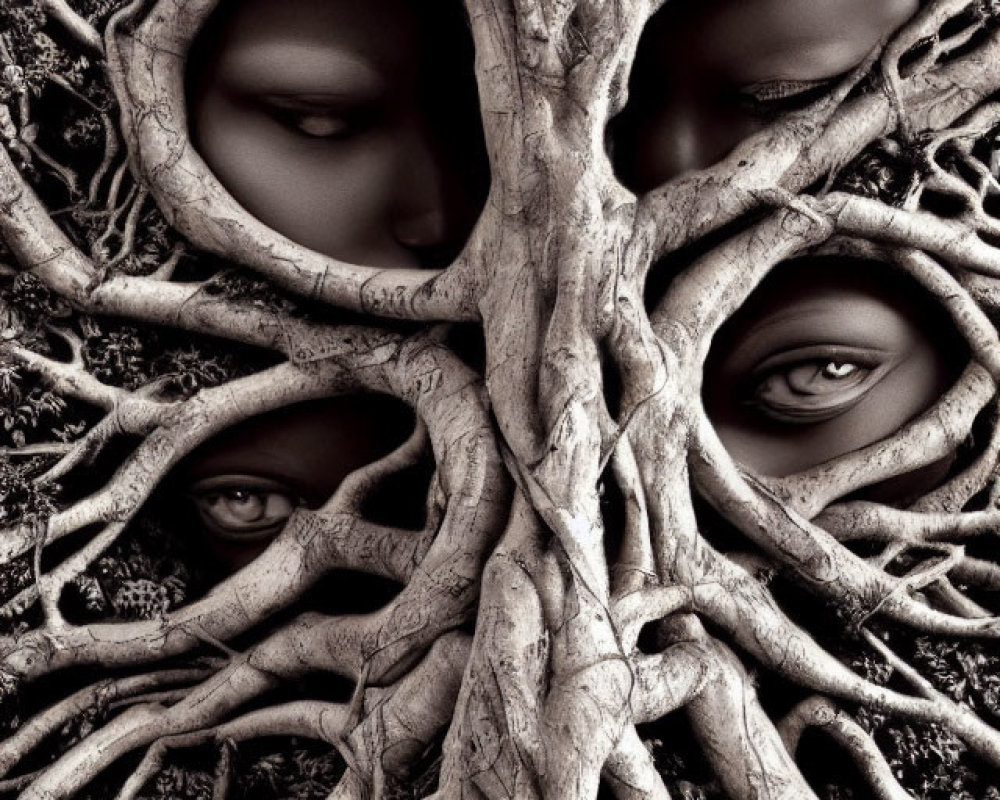 Monochrome surreal art: human eyes merged with tree roots