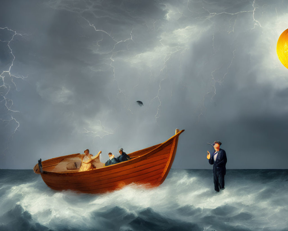 Surreal scene: four people in boat on stormy seas with lightning, man in suit under