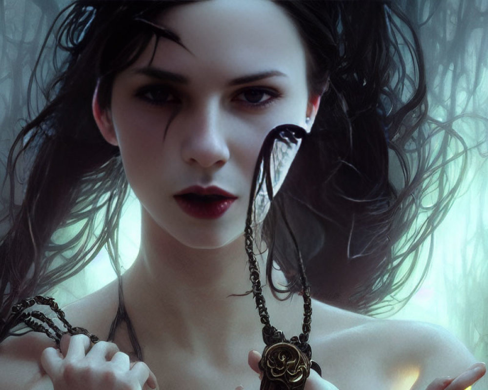 Pale-skinned woman with dark hair holding pendant in foggy forest.