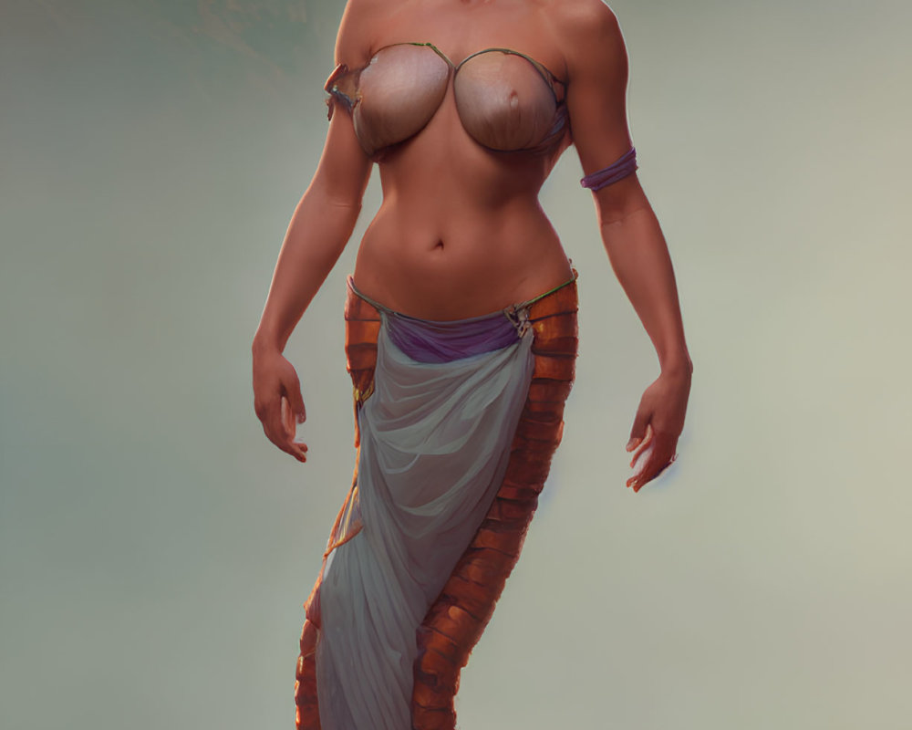 Digital artwork of female figure with serpent lower body in bikini top, sash, mystical desert landscape.