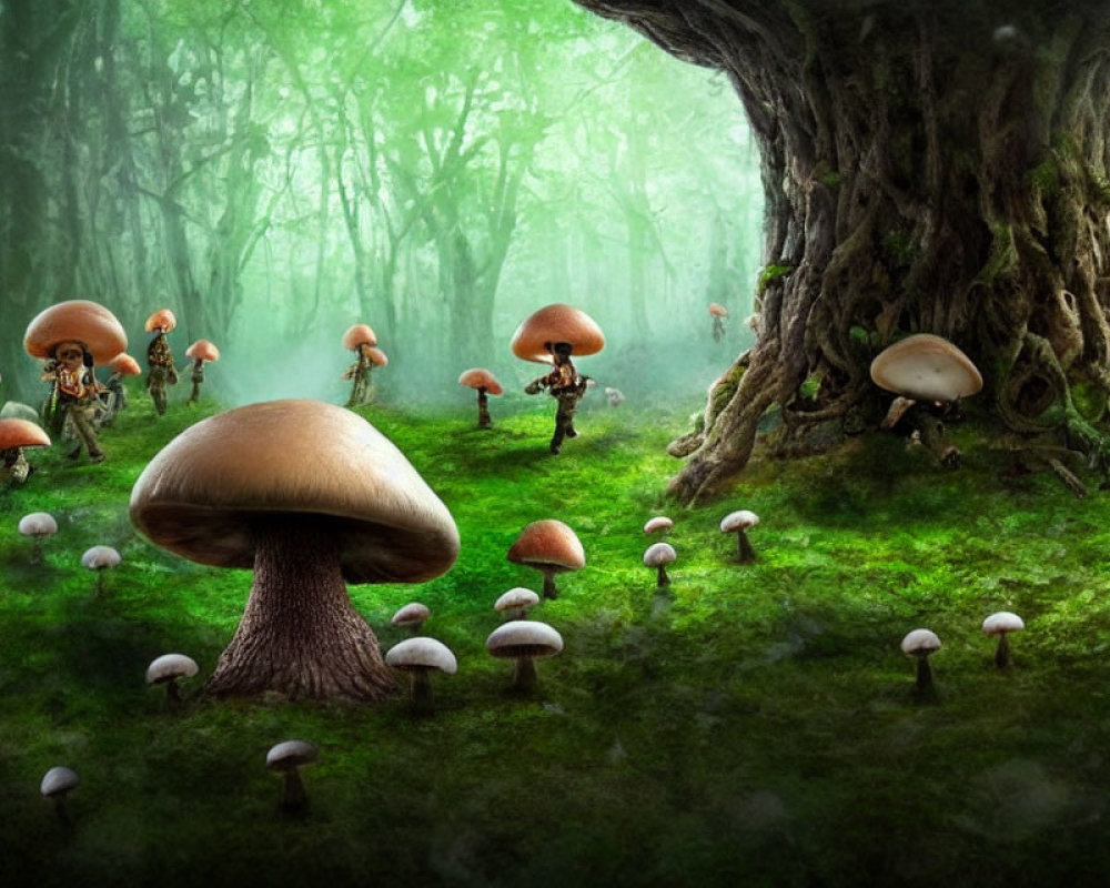 Mystical enchanted forest with diverse mushrooms on mossy ground