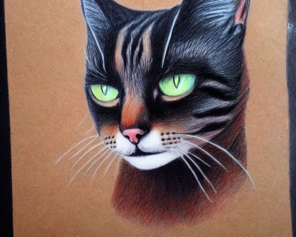 Detailed Drawing of Cat with Green Eyes and Striped Fur on Tan Background