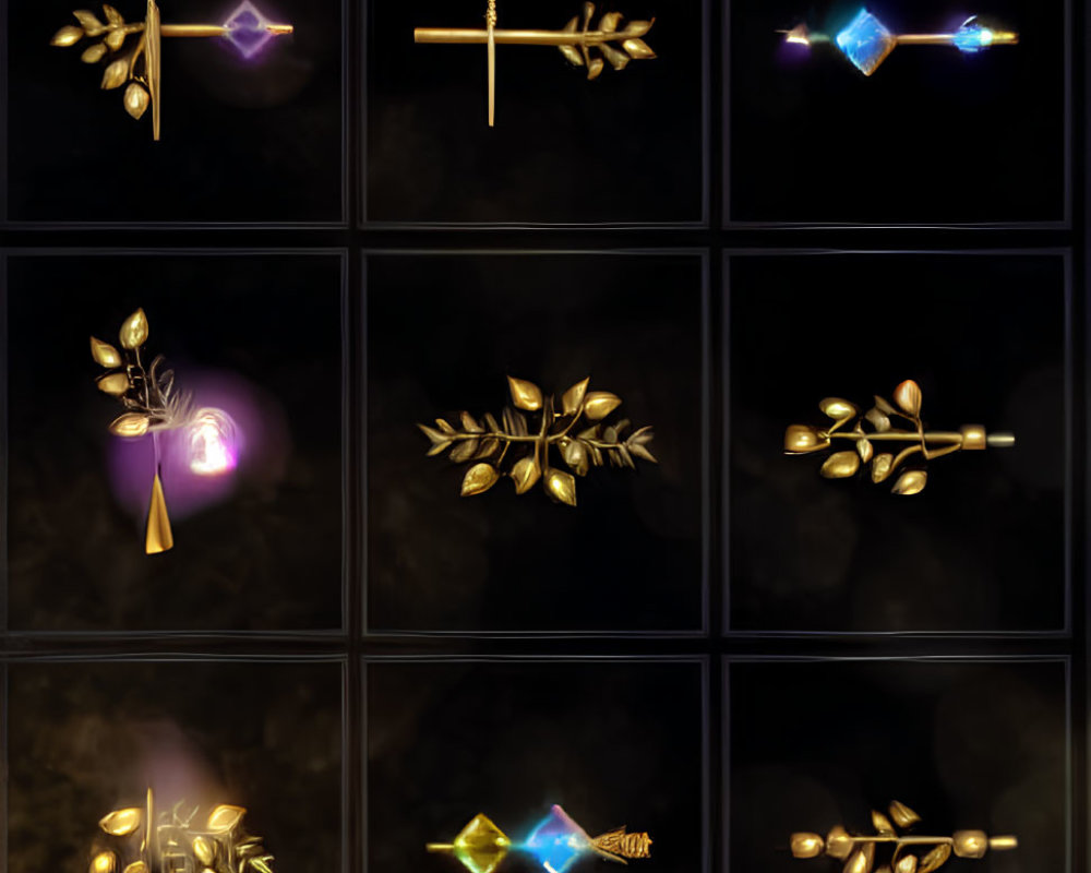 Golden wands with magical motifs and gems on dark background in unique designs