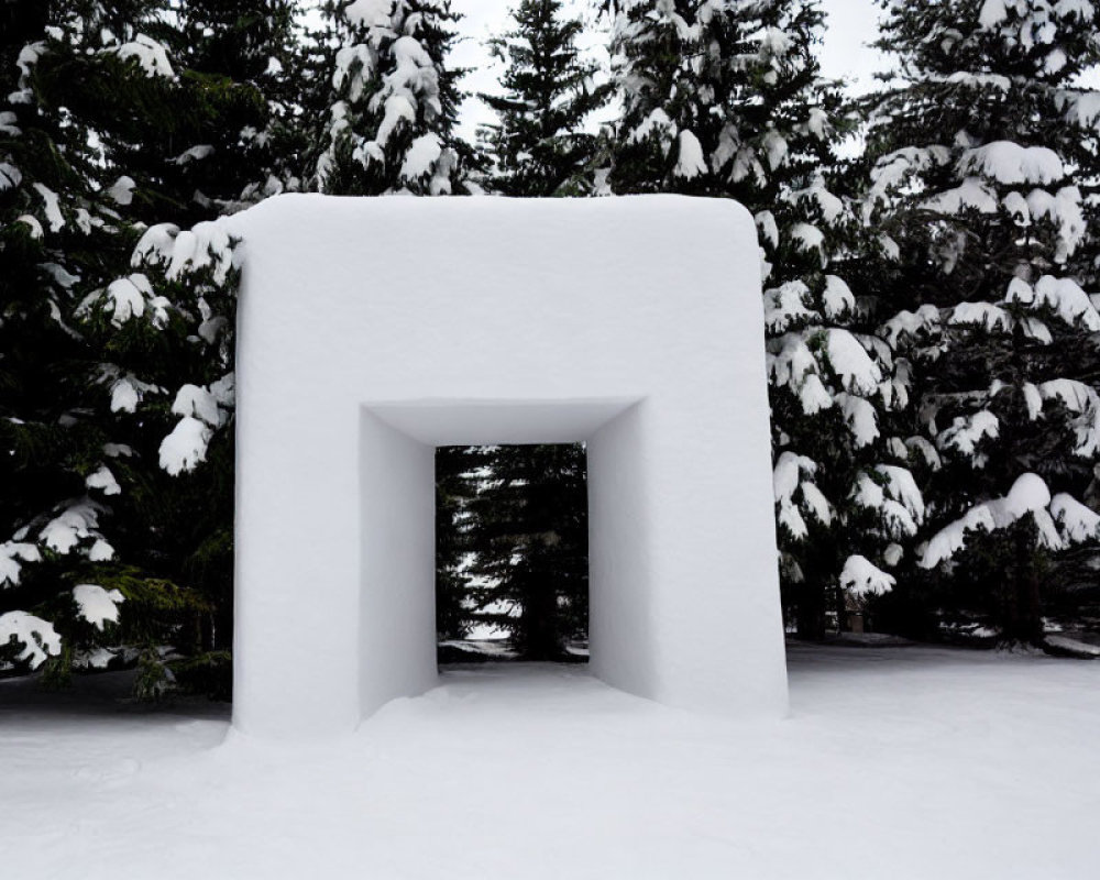 Snowy doorway structure in wintry forest with snow-laden trees