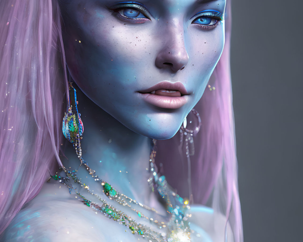 Blue-skinned female figure with pink hair and iridescent jewelry.