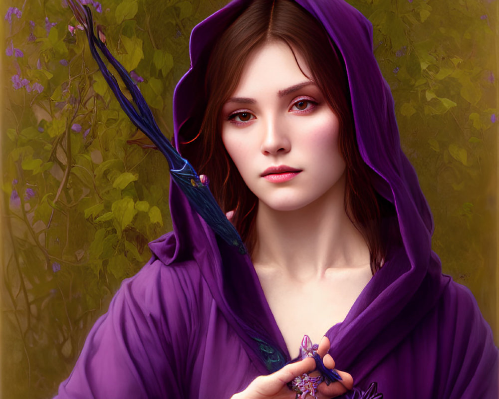 Woman in Purple Cloak Holding Staff Surrounded by Greenery and Flowers