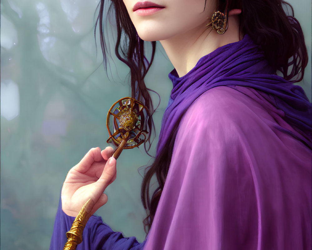 Digital artwork: Woman with dark hair and purple headscarf holding golden key in misty forest